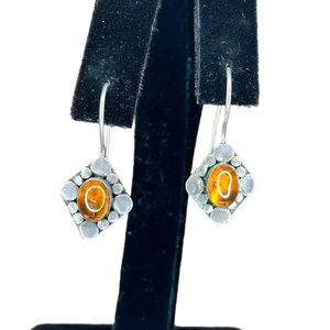 Vintage Baltic Amber Cabochon 925 Sterling Silver Modernist Pierced Earrings